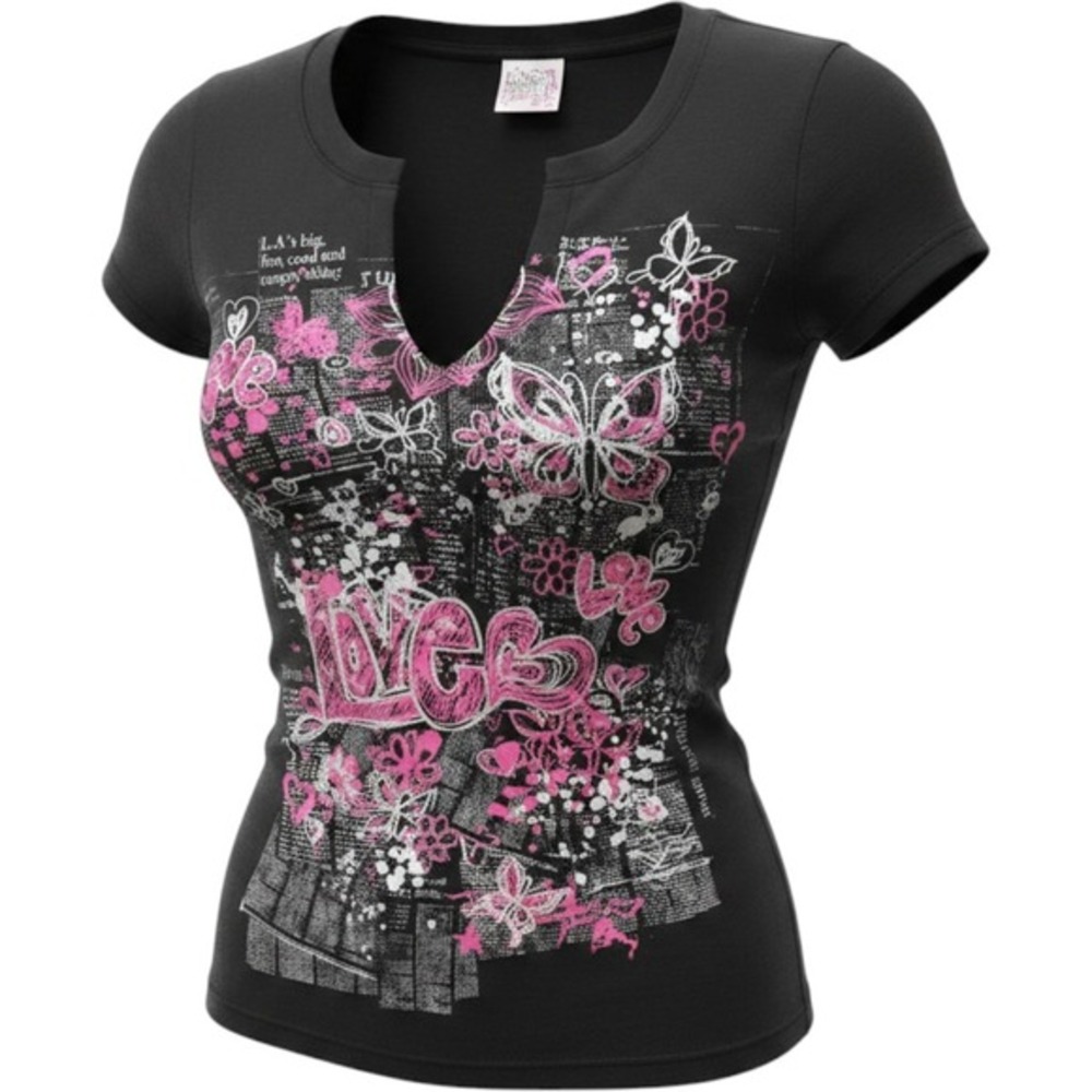 Ransom T-Shirt 2XS Black Pink Graphic Butterfly Y2K 90s‎ McBling Grunge Sleaze